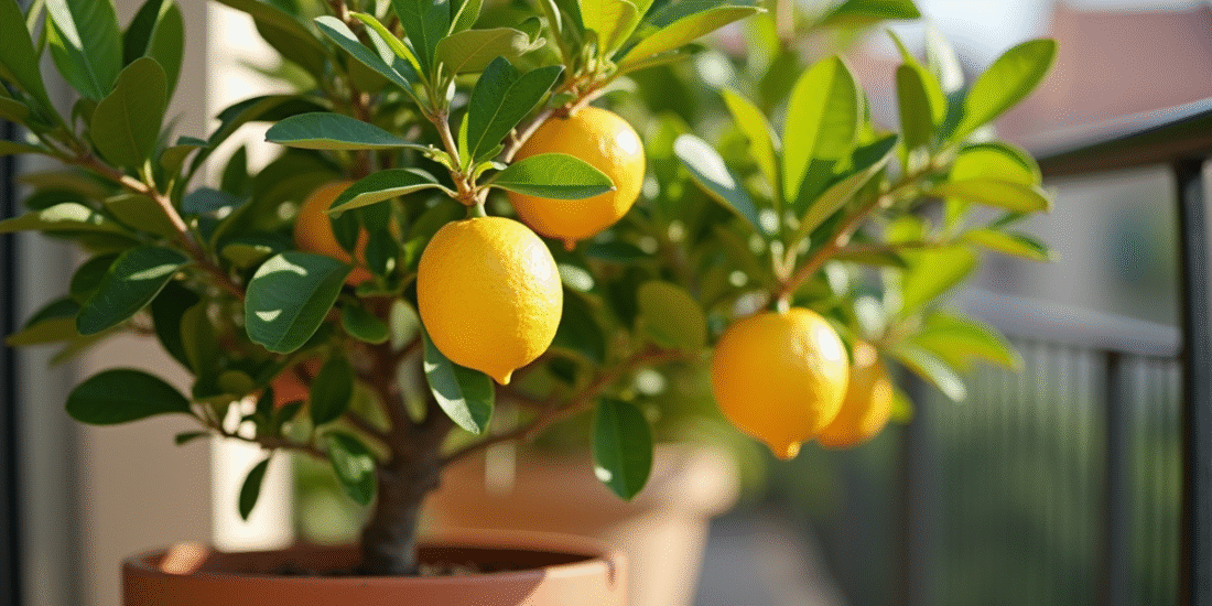 Citronnier en pot sur balcon ensoleille avec feuilles vertes