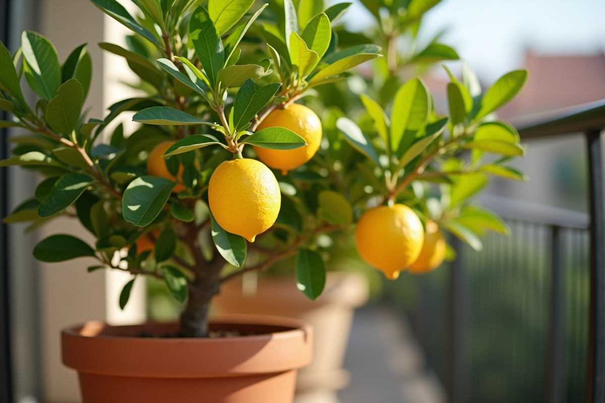 Citronnier en pot sur balcon ensoleille avec feuilles vertes