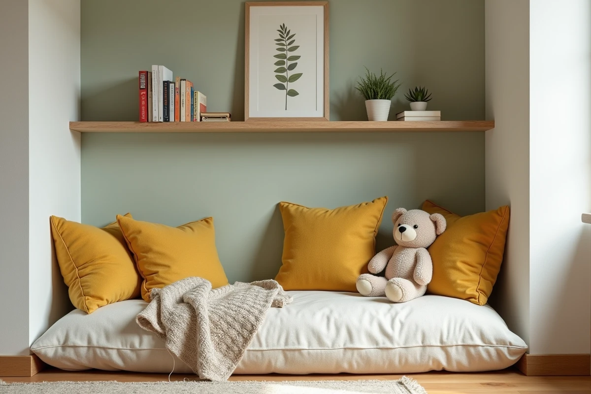 Coin lecture enfant hygge dans une alcôve cosy avec coussins en lin, livres illustrés et plaid en laine, décoration scandinave naturelle pour famille