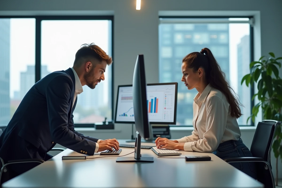 Deux collègues en collaboration devant des écrans en bureau moderne illustrant l'impact de la température de couleur sur la productivité