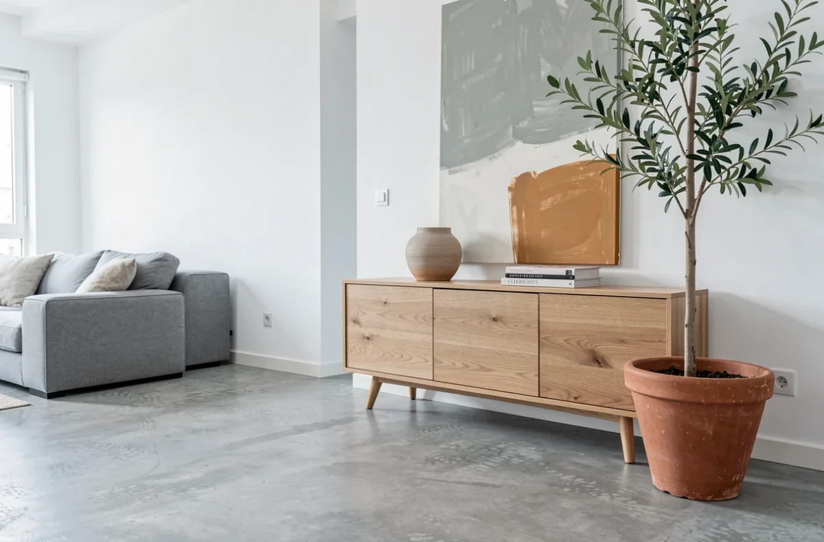 Appartement rénové à Villeneuve-d'Ascq avec béton ciré, meuble bas en chêne et olivier en pot en terre cuite