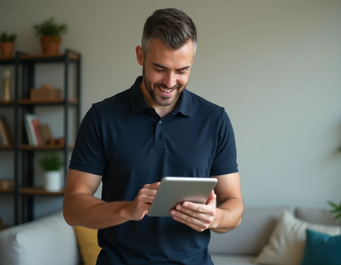 Homme consultant une commande de courses Carrefour en ligne sur une tablette dans un salon moderne