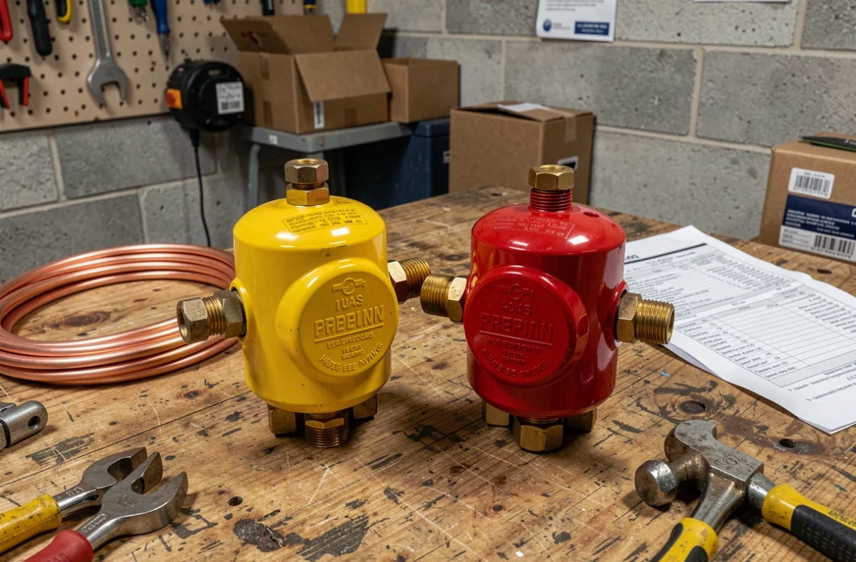 Comparaison côte à côte d'un détendeur butane jaune et d'un détendeur propane rouge sur un établi d'atelier