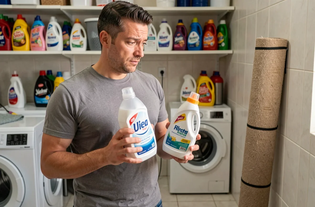 Homme comparant un flacon de lessive et un produit nettoyant moquette dans une buanderie domestique