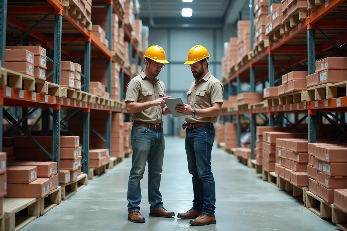 Deux entrepreneurs comparant les prix de poutrelles hourdis dans un entrepôt de matériaux de construction