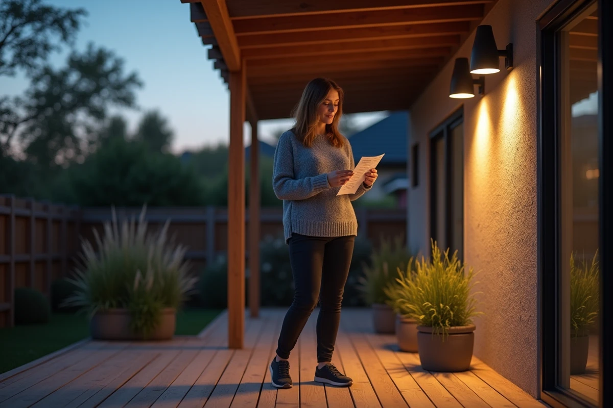 Femme comparant des spots extérieurs sur une terrasse en bois sous une pergola au crépuscule