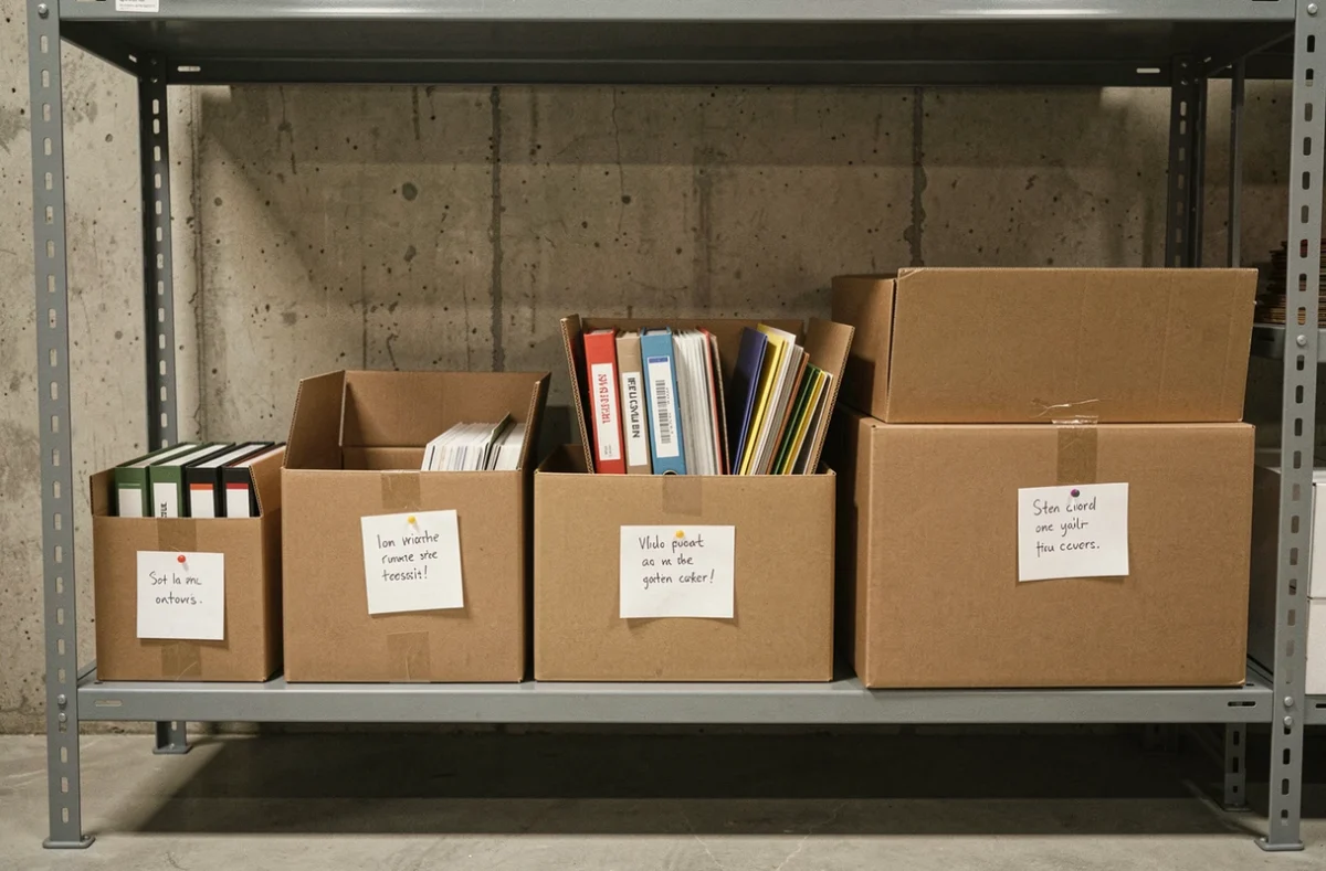 Comparaison de cartons d'archives de différentes tailles rangés sur des étagères métalliques dans une salle de stockage