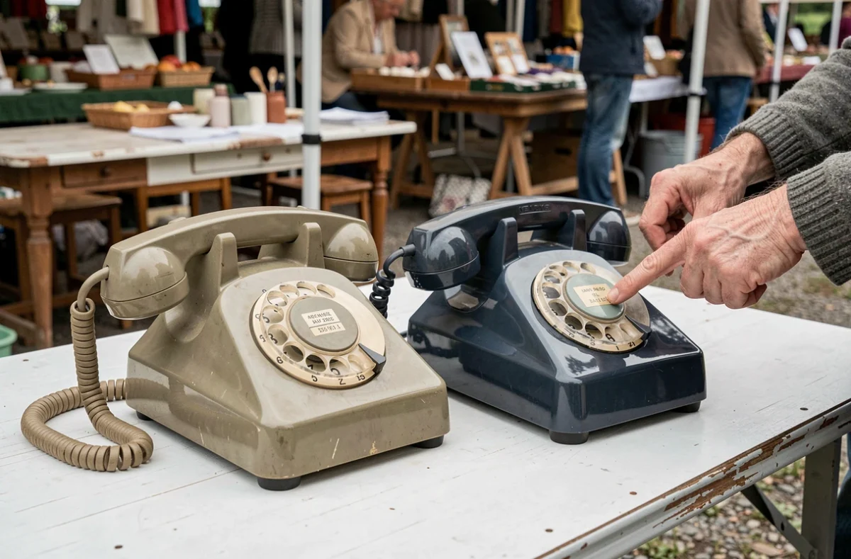 Comparaison entre un téléphone à cadran rotatif authentique vintage et une reproduction moderne côte à côte sur une table de marché aux puces