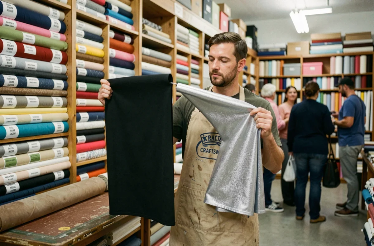 Homme comparant des rouleaux de spandex et lycra métallisé dans une boutique de tissus pour costumes