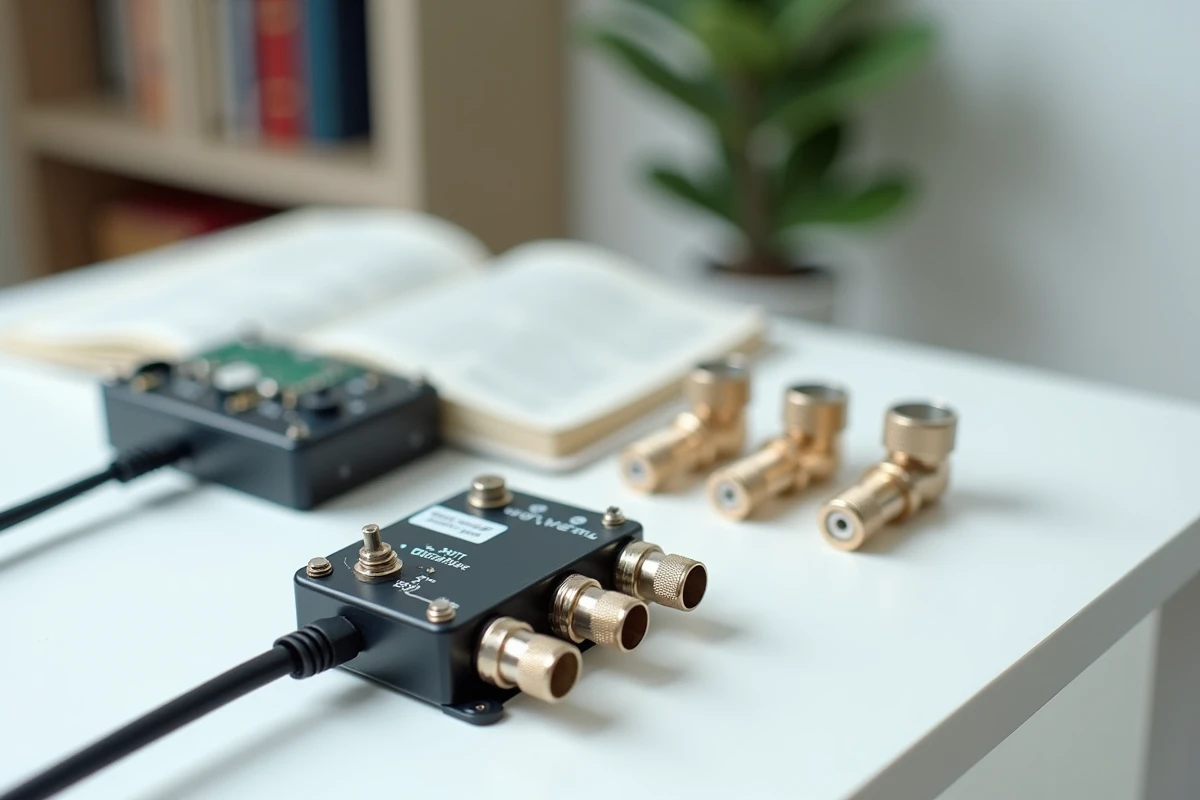 Amplificateur TNT, câbles coaxiaux et schéma de connexion posés sur un bureau pour l'installation d'une antenne