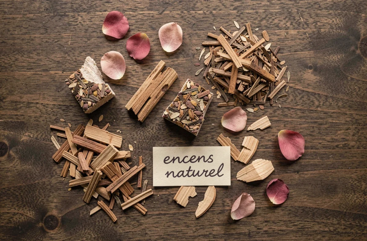 Vue de dessus d'une composition d'ingrédients d'encens bakhour naturel incluant résine, bois d'oud et pétales séchés sur bois foncé pour identifier un encens de qualité