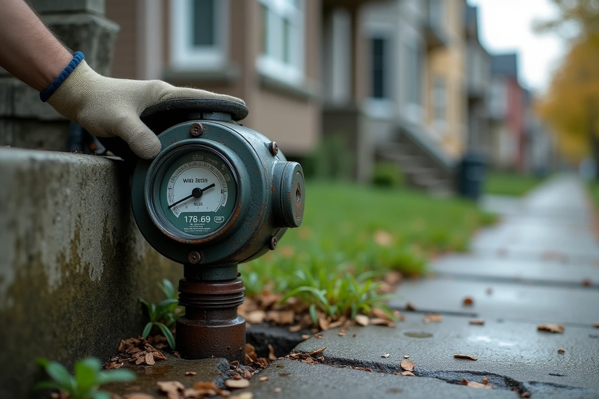 Compteur d'eau inspecté dans un regard béton sur un trottoir urbain illustrant la mesure de consommation d'eau