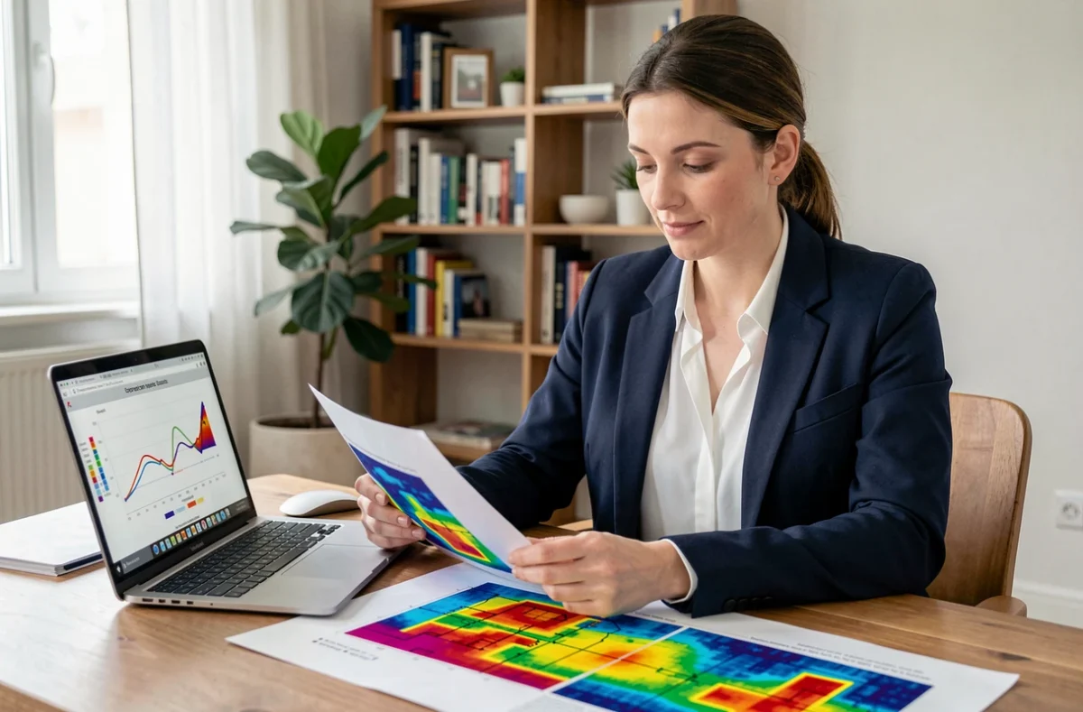Conseillère en rénovation énergétique analysant un rapport d'audit thermique avec des cartographies de chaleur dans un bureau à domicile