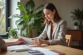 Femme stylée examinant des échantillons de tissu dans un appartement moderne