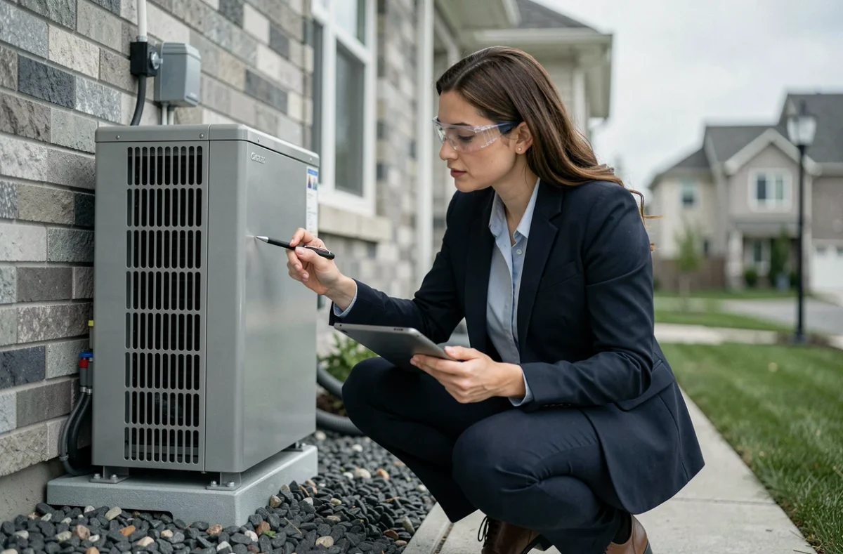 Consultante en énergie inspectant une pompe à chaleur lors d'une mise aux normes RE2020 en rénovation résidentielle