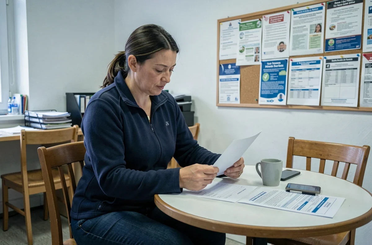 Femme consultant les aides financières disponibles pour une aide ménagère dans une agence à Besançon