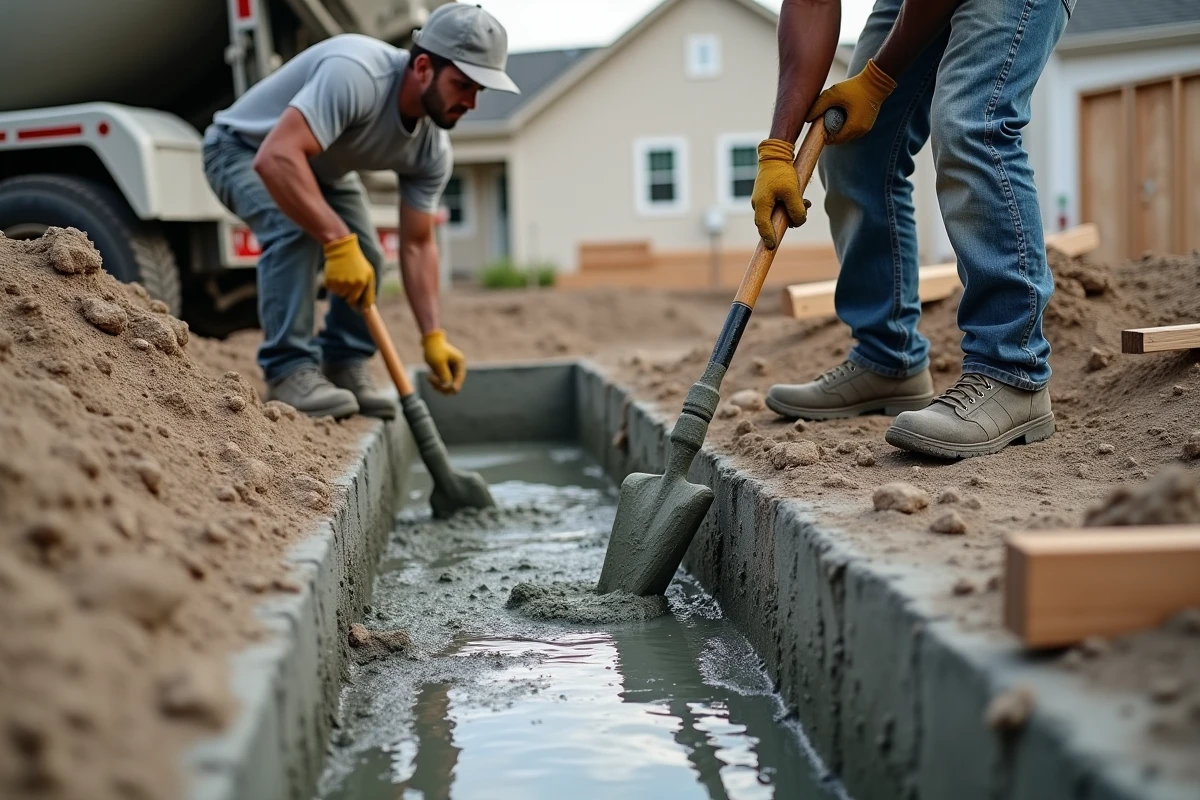 Coulage de béton dans une fondation de maison individuelle avec deux ouvriers évitant le gaspillage de béton