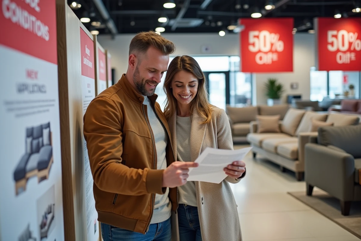 Couple lisant les conditions d'une promotion Poltronesofa devant un panneau publicitaire en magasin