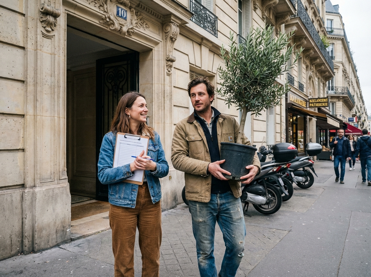 Jeune couple sortant d un immeuble haussmannien dans le 17e