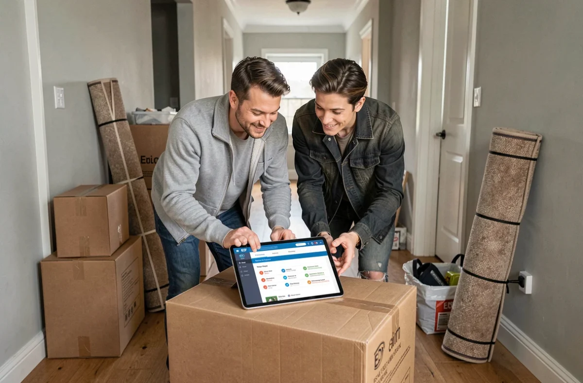 Couple consultant le portail EDF sur tablette pour suivre en temps réel les étapes de leur déménagement