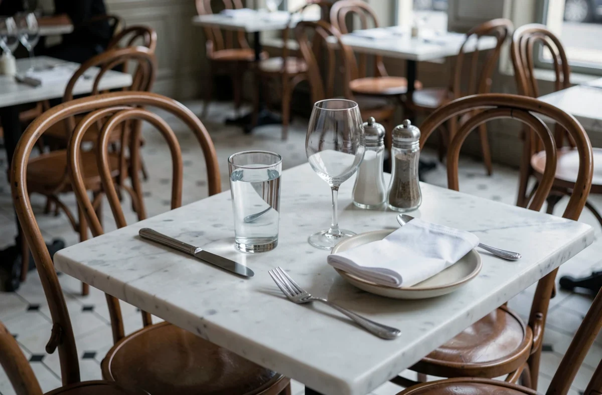Couvert de bistrot parisien avec verre à eau et verre à vin positionnés selon les règles classiques de la table