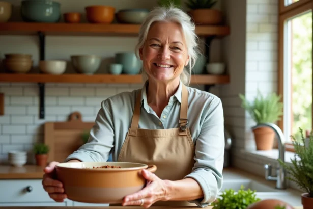 Femme souriante levant une casserole en céramique dans la cuisine