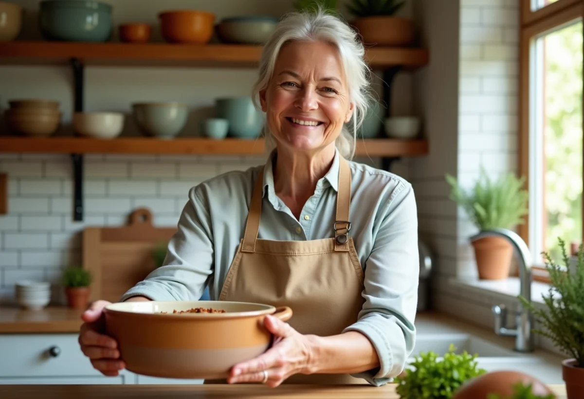 Femme souriante levant une casserole en céramique dans la cuisine