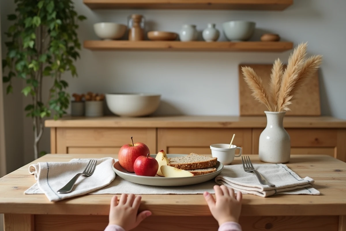 Table de cuisine familiale hygge avec goûter artisanal, céramiques faites main et dessins d'enfants affichés au mur, décoration naturelle et chaleureuse