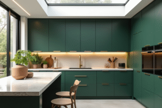 Cuisine moderne avec meubles vert forêt et éclairage naturel