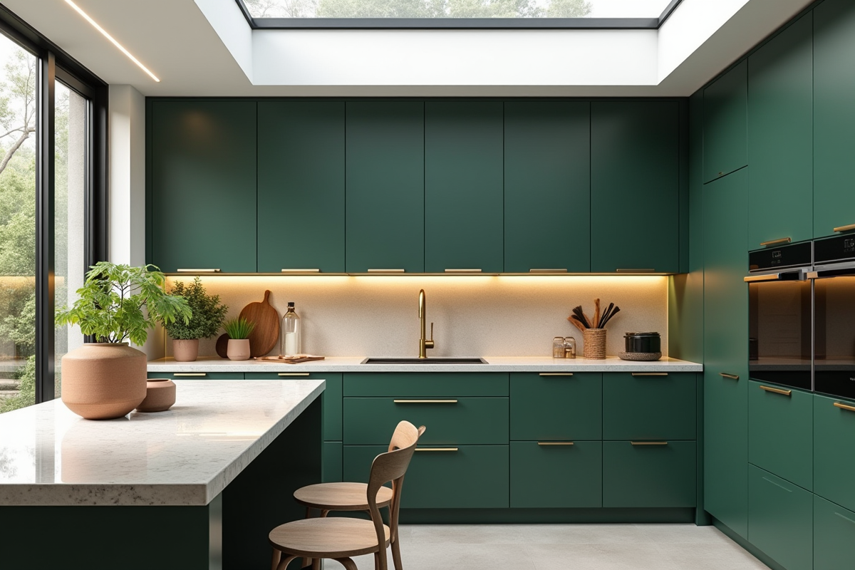 Cuisine moderne avec meubles vert forêt et éclairage naturel