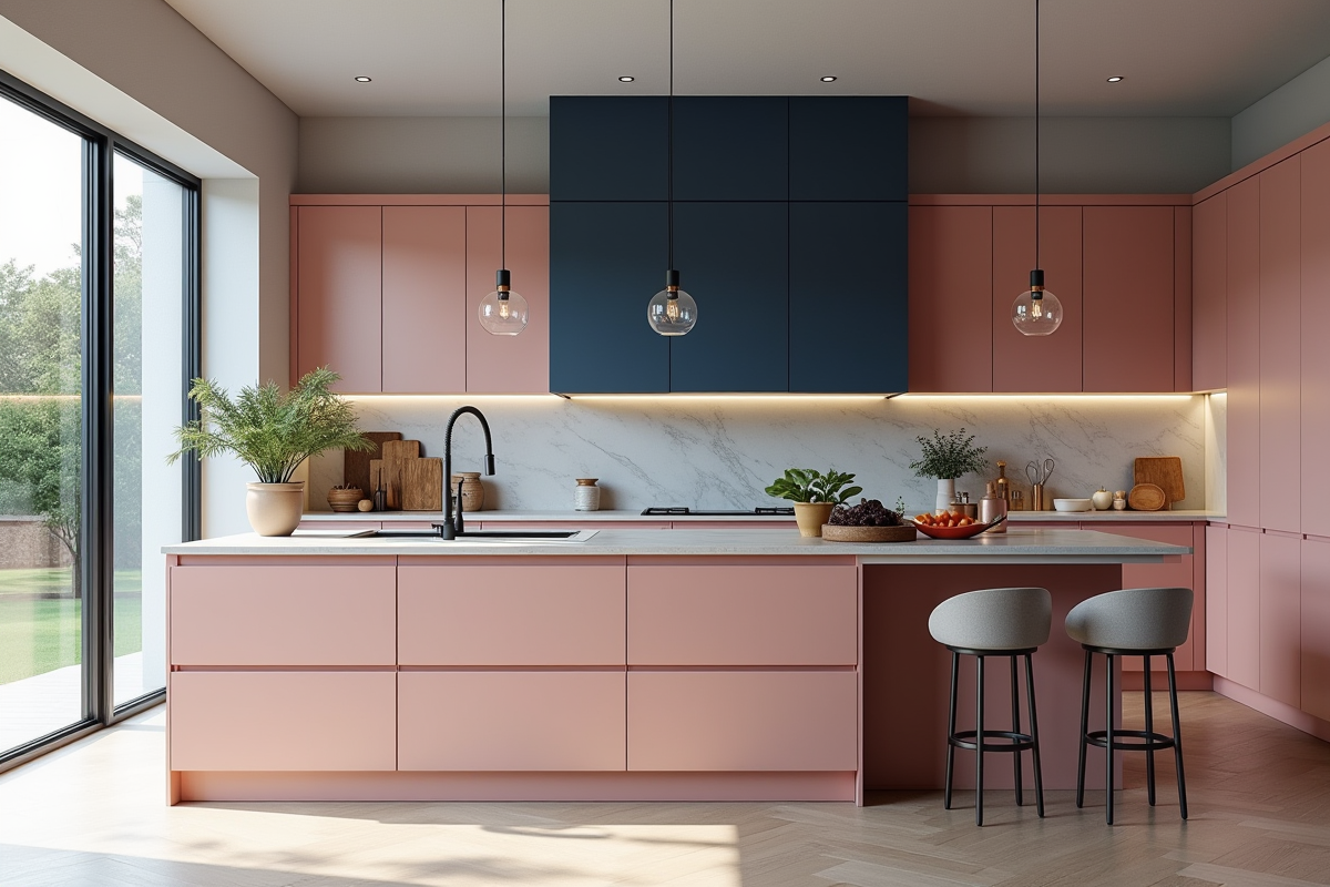 Cuisine ouverte avec meubles rose et accents bleu marine