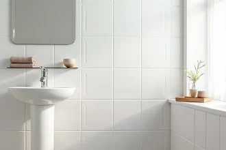 Mur de salle de bain recouvert de dalles PVC blanches mates avec joints visibles et accessoires en chrome