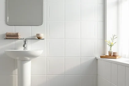 Mur de salle de bain recouvert de dalles PVC blanches mates avec joints visibles et accessoires en chrome