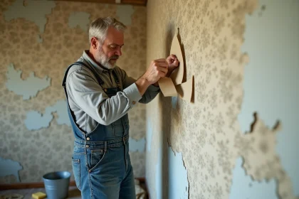 Homme d'âge mûr décollant un large pan de papier peint ancien à fleurs dans une pièce en rénovation