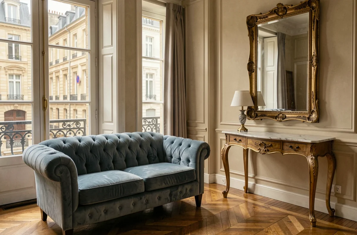 Appartement bourgeois à Amiens avec canapé Chesterfield en velours bleu, miroir doré et vue sur rue pavée