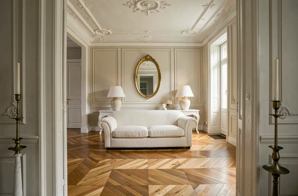 Appartement de caractère rénové à Arras avec plafonds en stuc, parquet en chevrons et mobilier contemporain français