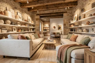 Showroom de décoration d'intérieur en Nouvelle-Aquitaine mêlant pierre apparente, parquet chêne et mobilier contemporain