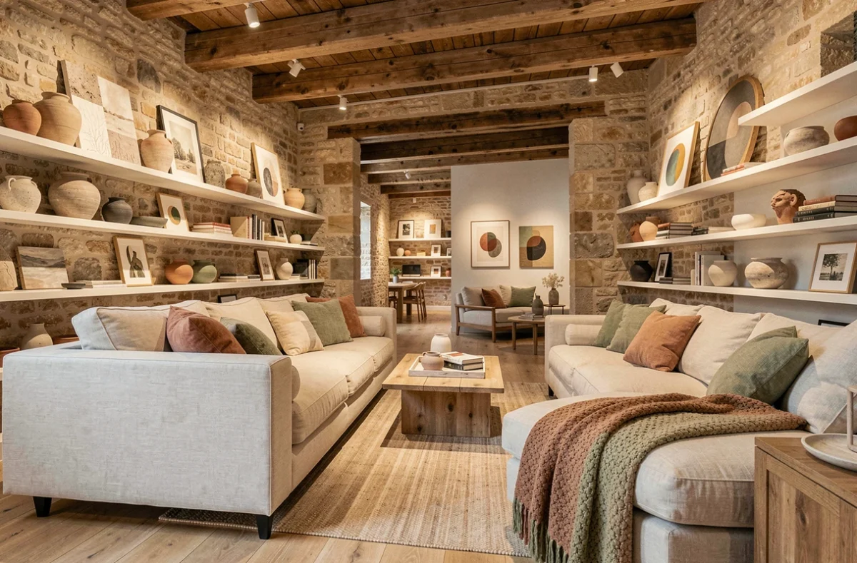 Showroom de décoration d'intérieur en Nouvelle-Aquitaine mêlant pierre apparente, parquet chêne et mobilier contemporain