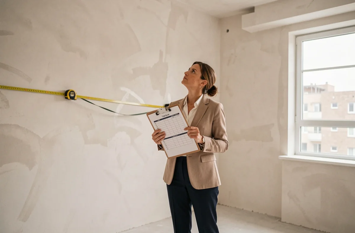 Designer d'intérieur évaluant la superficie d'un appartement vide avec un mètre ruban et un presse-papiers