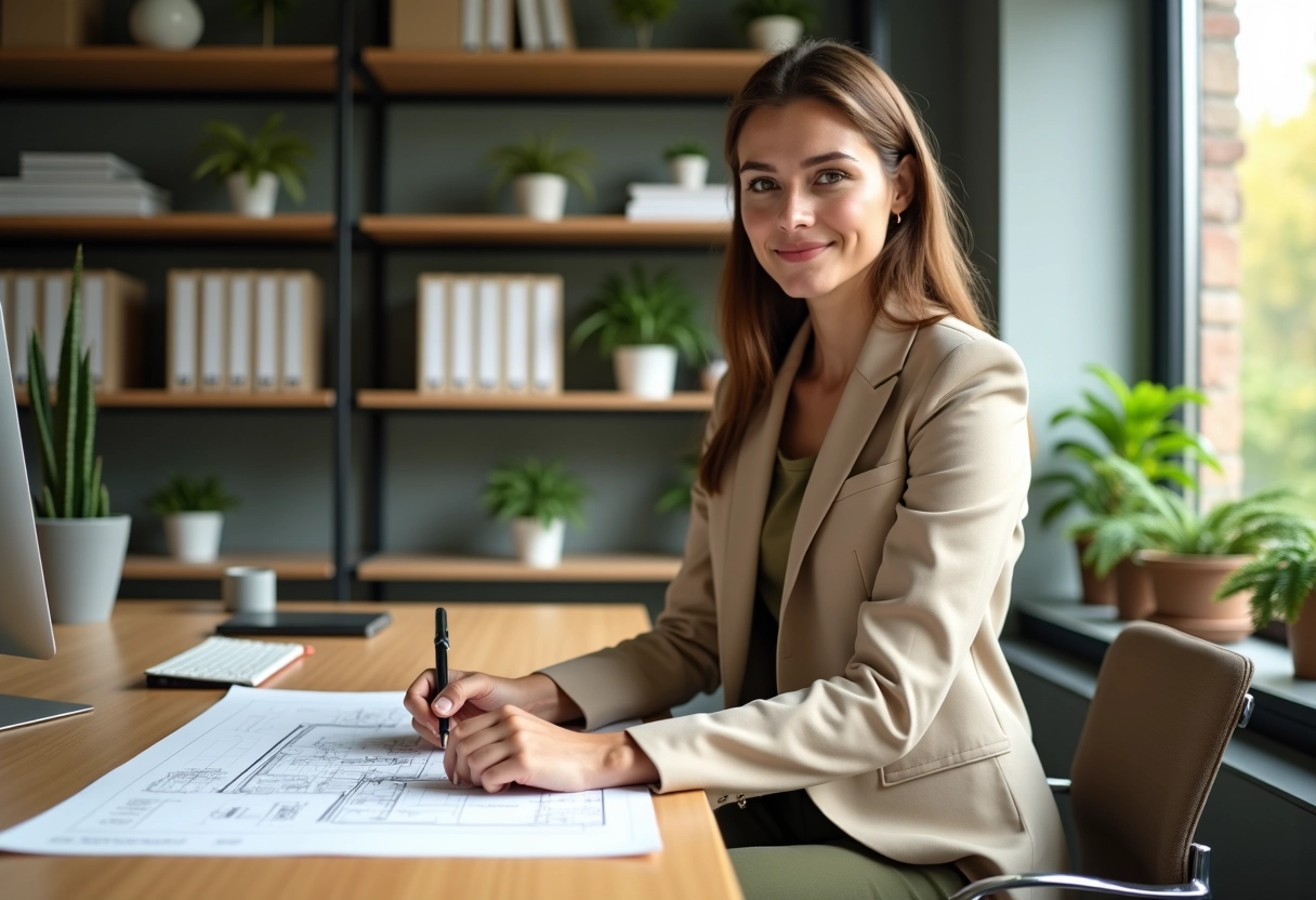 Jeune femme architecte en intérieur dessinant un plan