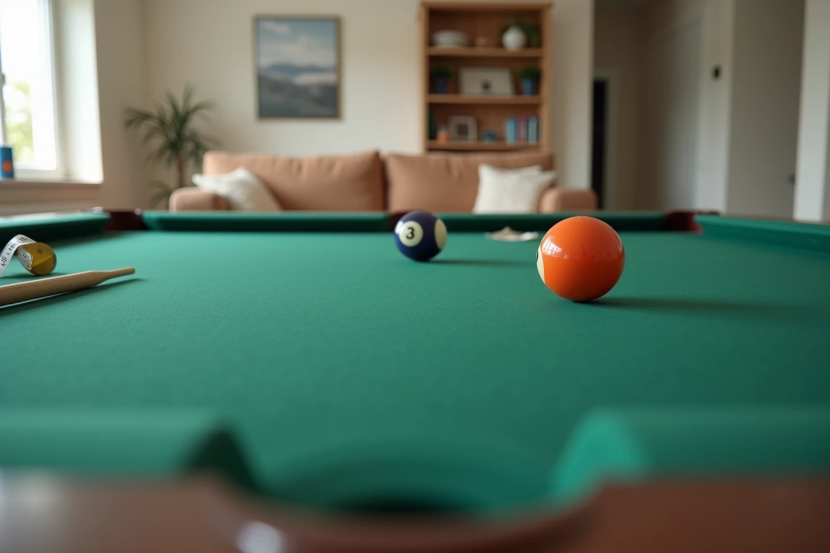Détail d'un billard américain avec mesures et billes colorées dans un salon familial