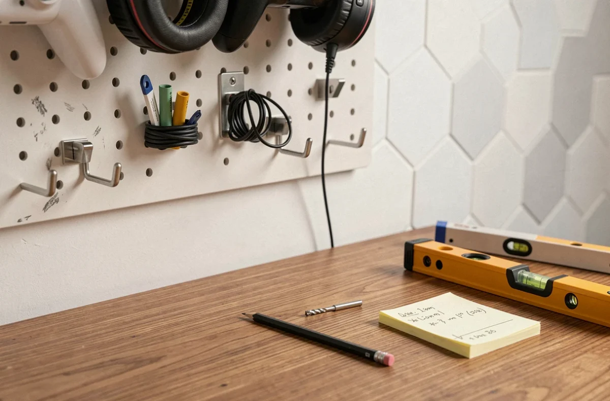Gros plan d'un bureau gaming avec pegboard, outils de mesure et marques au crayon pour planifier l'installation murale