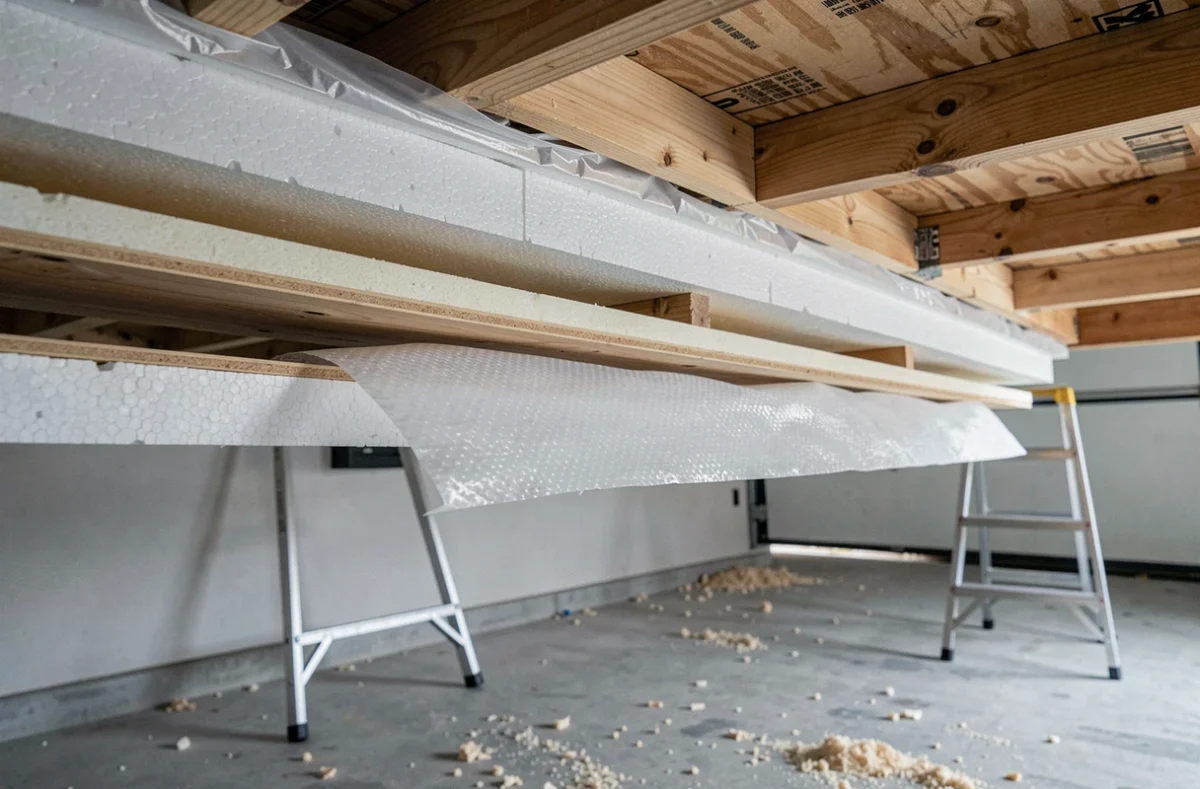 Détail en coupe des couches d'isolant et pare-vapeur entre solives de plafond de garage