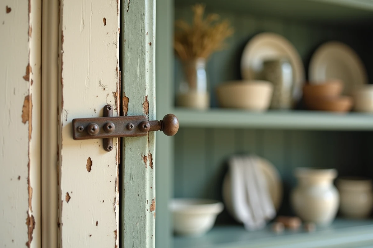 Gros plan sur la charnière d'un meuble en bois vintage aux couches de peinture écaillée crème et vert sauge dans une cuisine provençale