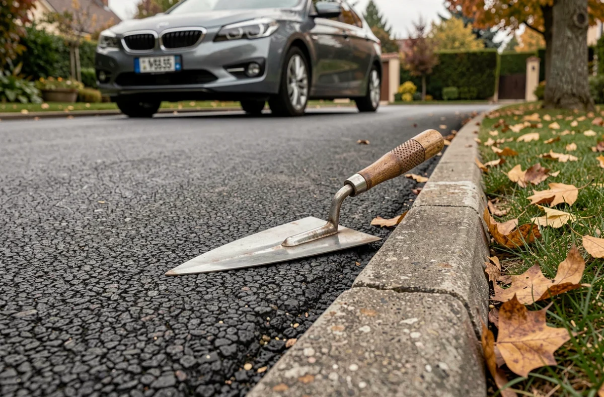 Détail de surface d'enrobé bitumineux sur une allée carrossable avec truelle de finition et bordure en béton dans un jardin résidentiel