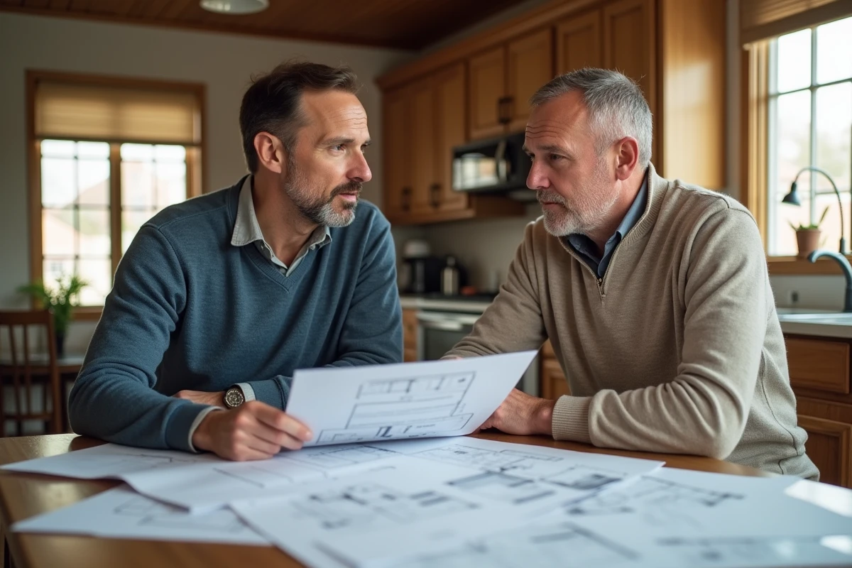 Deux hommes discutant de plans dans la cuisine