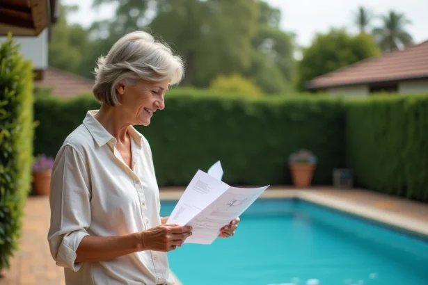Femme consultant des devis pour la construction d'une piscine familiale dans son jardin