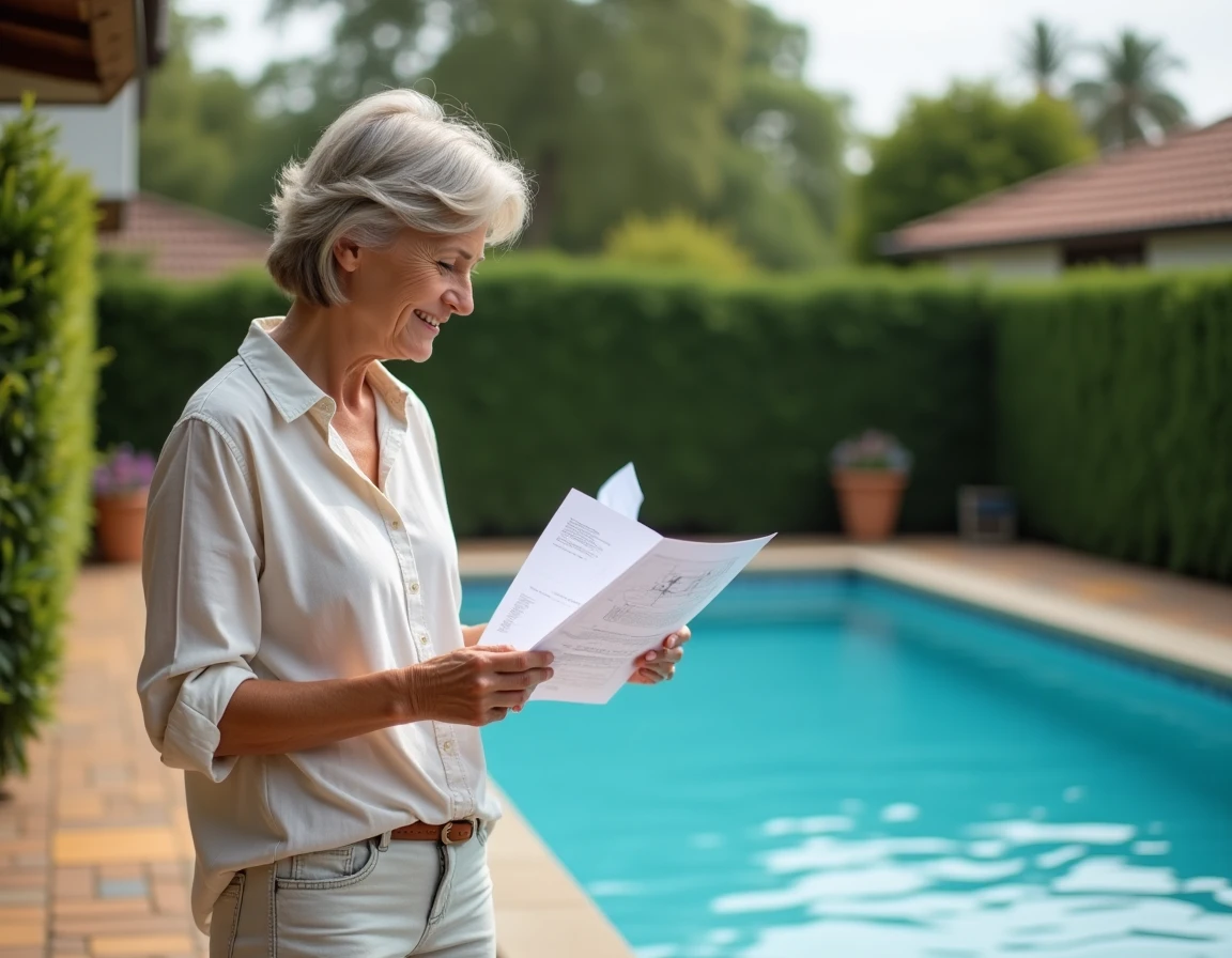 Femme consultant des devis pour la construction d'une piscine familiale dans son jardin