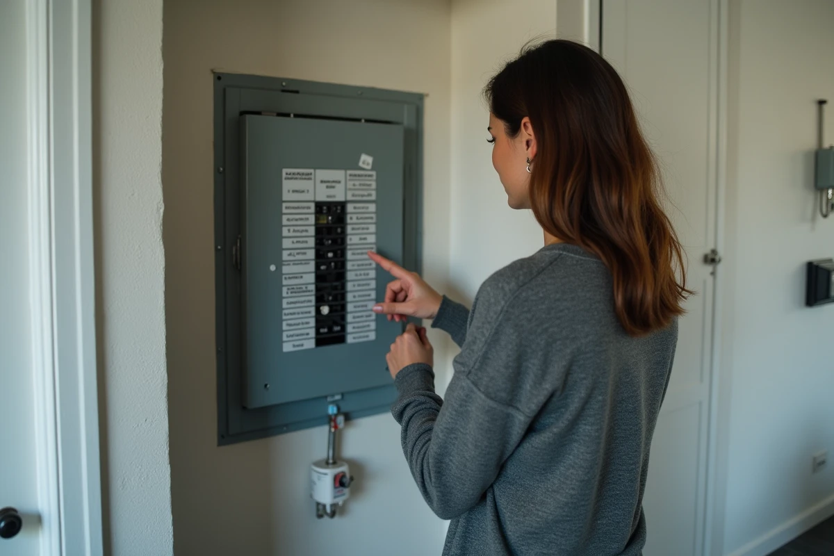 Propriétaire examinant un disjoncteur dédié pour radiateur dans un tableau électrique résidentiel