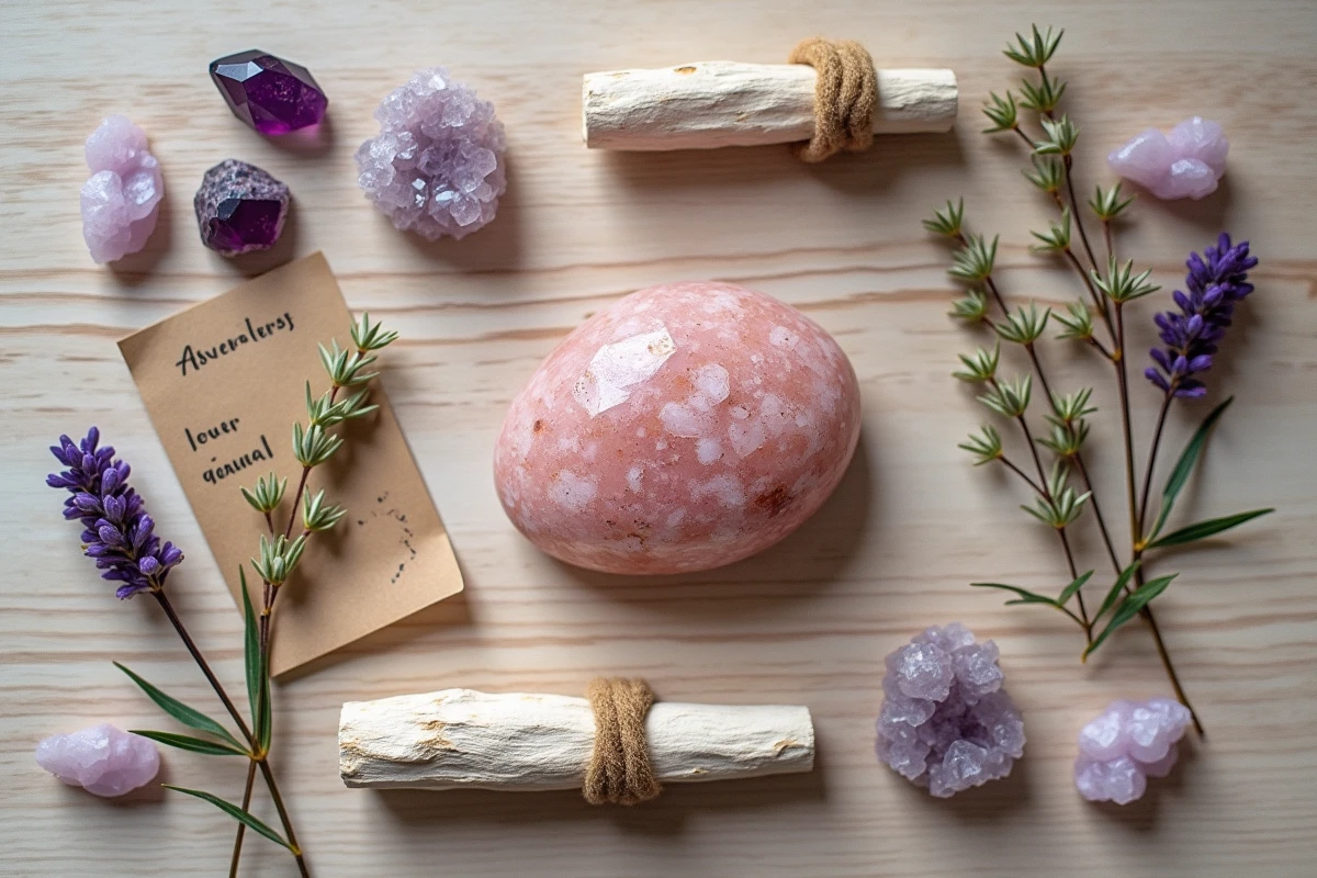 Disposition rituelle vue du dessus avec une pierre rose des sables entourée de sauge séchée, cristaux et lavande sur bois ancien